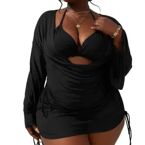 Plus Size Black 3 Piece Bikini Set, Ruched Drawstring Cover Up Dress, Stretch Tummy Control Swimsuit for Curvy Women Beach Vacation