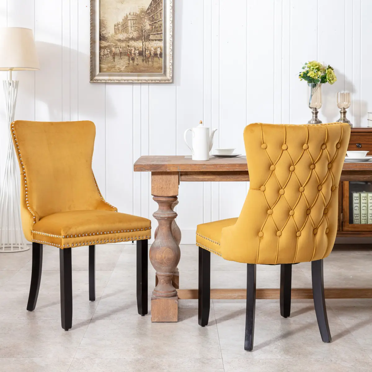 Furniture,Upholstered Wing-Back Dining Chair with Backstitching Nailhead Trim and Solid Wood Legs,Set of 2, Golden, SW8809GL