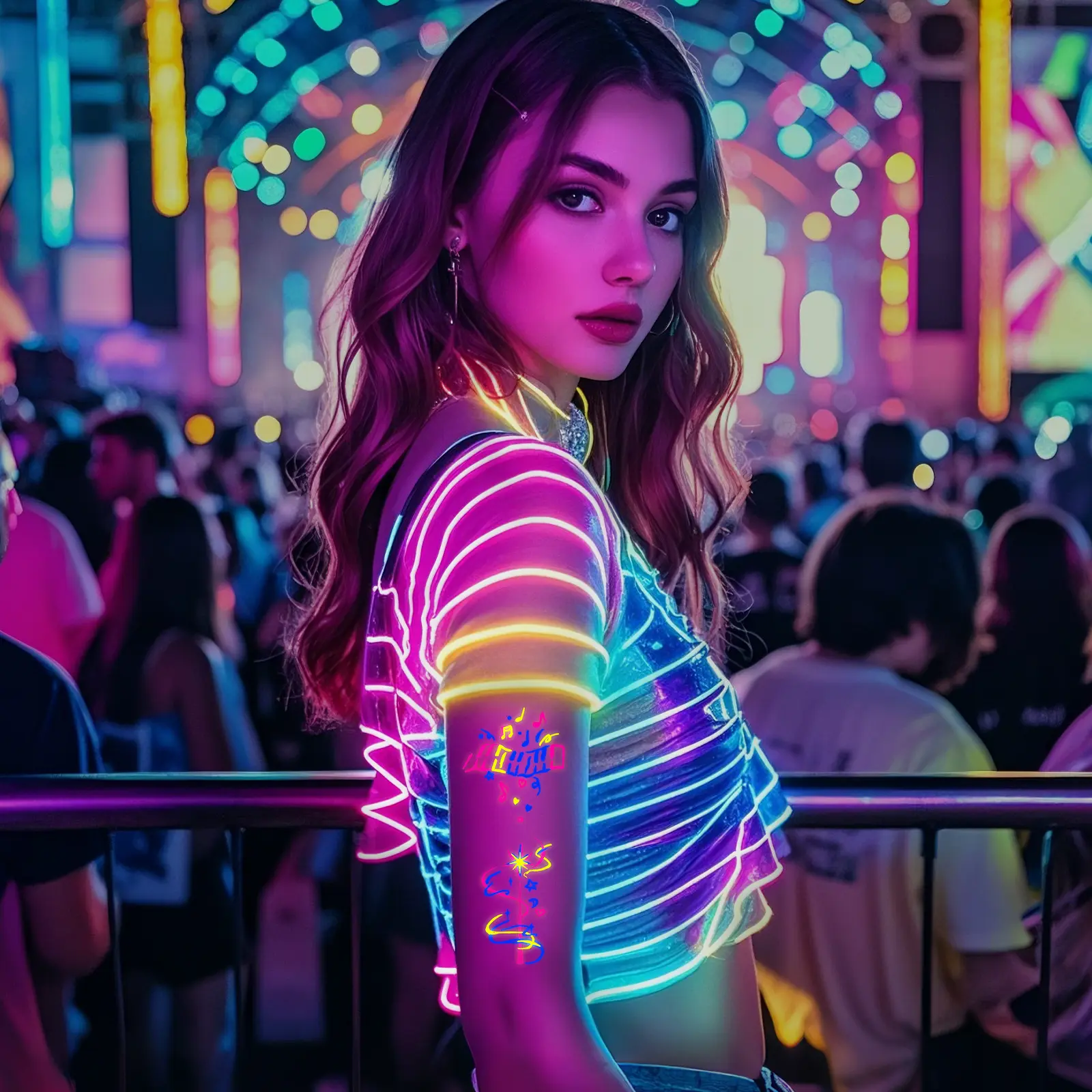 Funky Neon Temporary Tattoos with Fluorescence, Glowing Effect, Cute Music Note & US Pattern Designs, Fluorescent Ink Body Art Stickers for Adults, Festivals