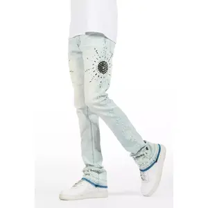 Tryst Light Blue Rhinestone Stacked Flare Jean