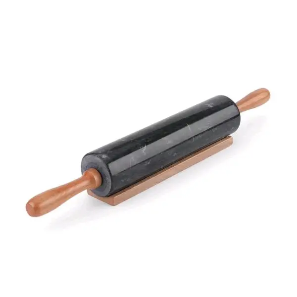 Classic Cylindrical Black Marble Rolling Pin with Wooden Acacia Handles - 48cm Smooth Surface, Durable, Included Stand, Nonstick Bakeware Utensil, for Home Baking Dough, Easy-Clean Kitchenware, Kitchen Decor