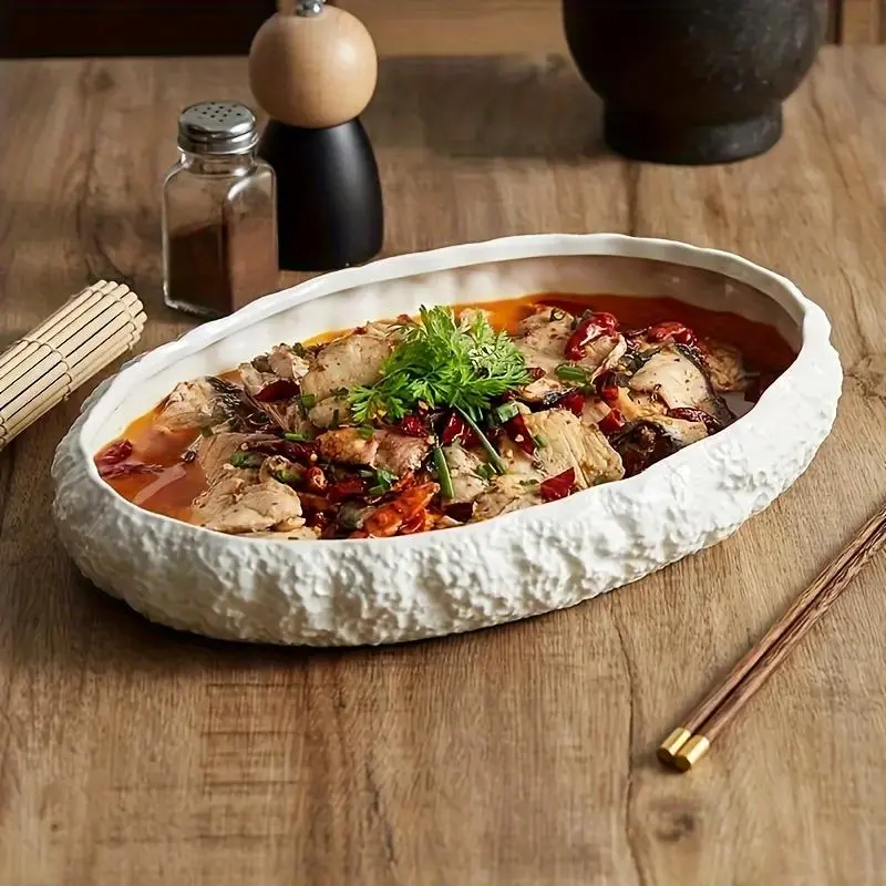 Luxury Ceramic Serving Seafood Platter, Ceramic Plate, 8 Inch Rock Texture Steaming Lobster Dish, Ideal for Restaurant and Home Use, Textured Ceramic Plates