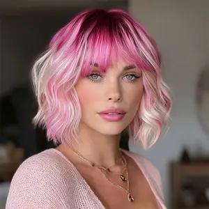 SMILCO/14Inch Highlight Gold with Pink Short Curly with Bangs Synthetic Wig/SM501