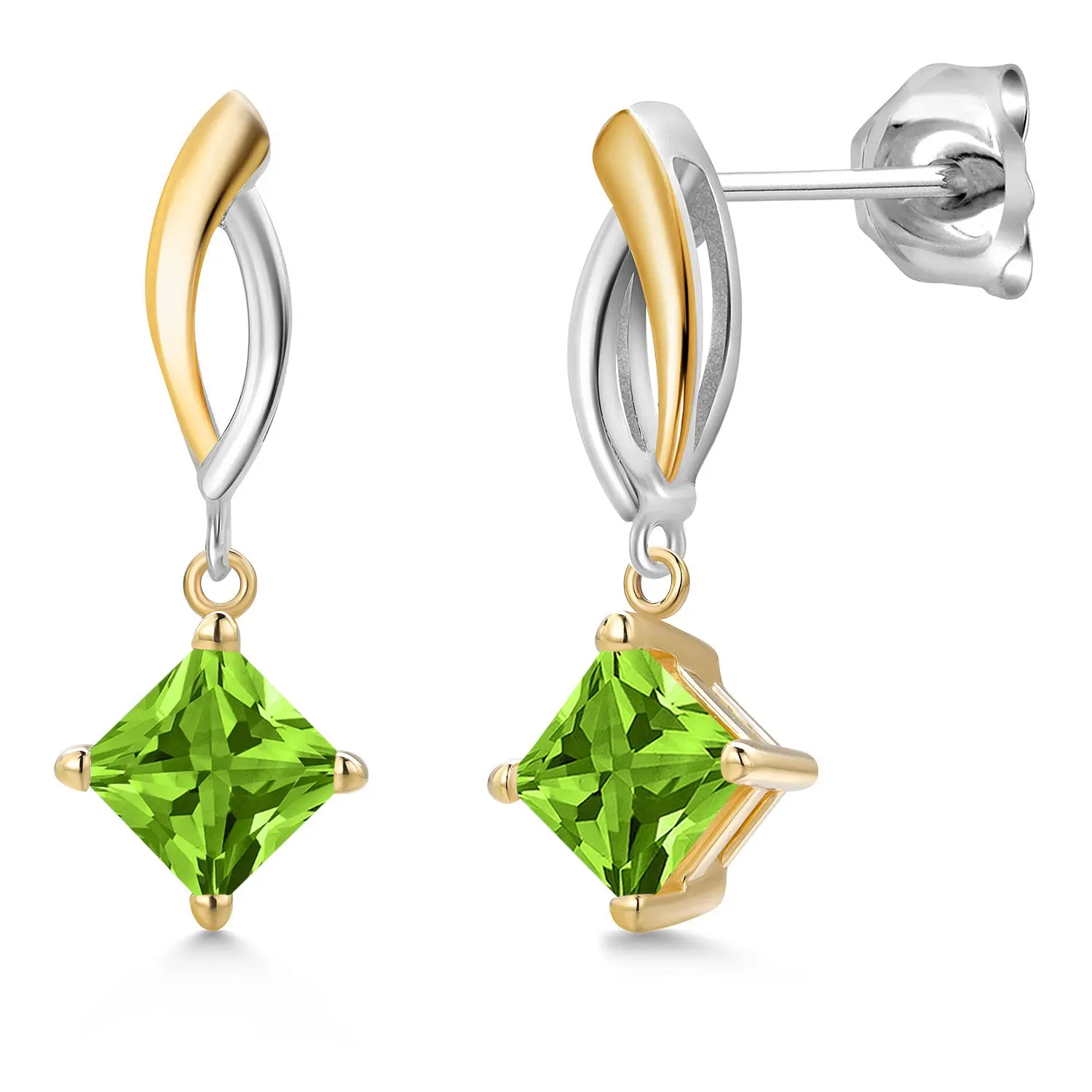 Gem Stone King 925 Silver and 10K Yellow Gold Green Peridot Dangle Earrings for Women | 1.46 Cttw | Gemstone August Birthstone | Princess 5MM