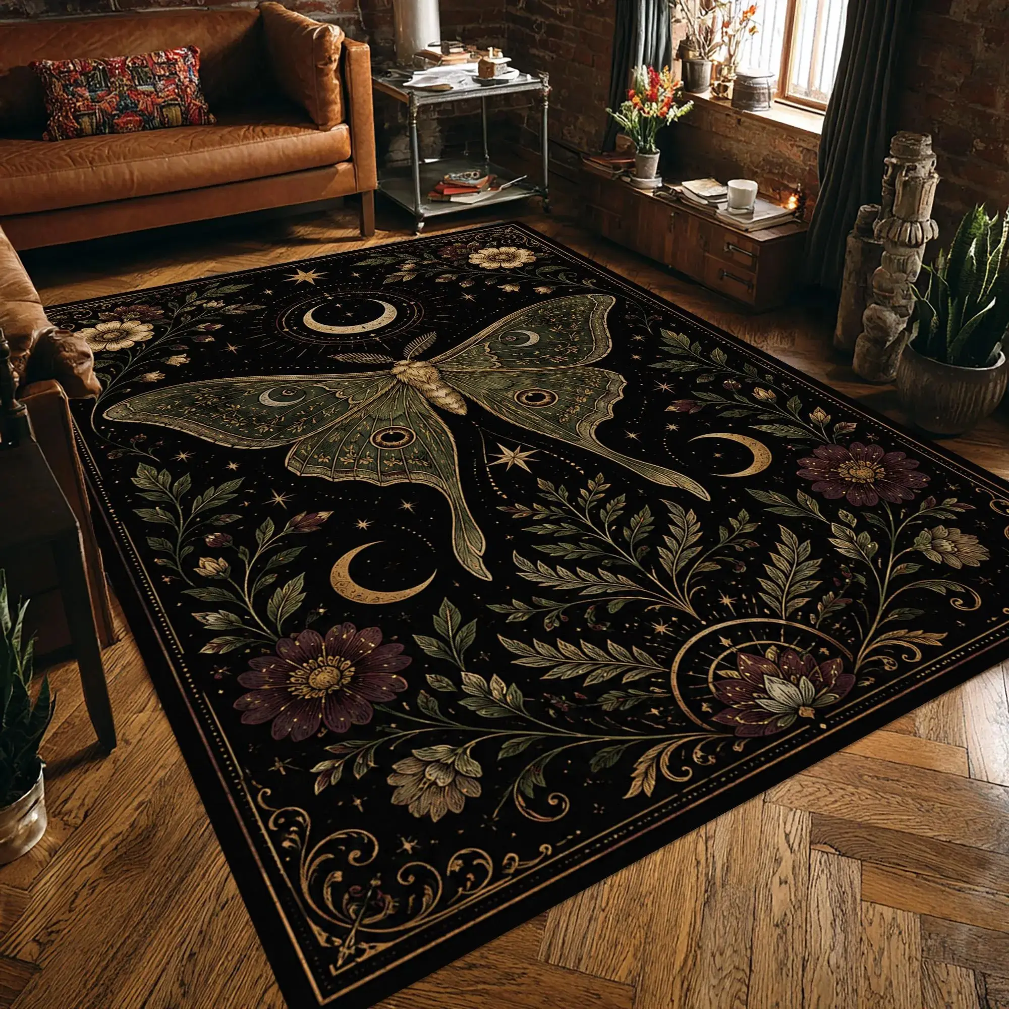 Celestial Moth Area Rug, Gold Lunar Botanical Carpet, Black Mystical Pattern, Astrology Decor Theme Decor