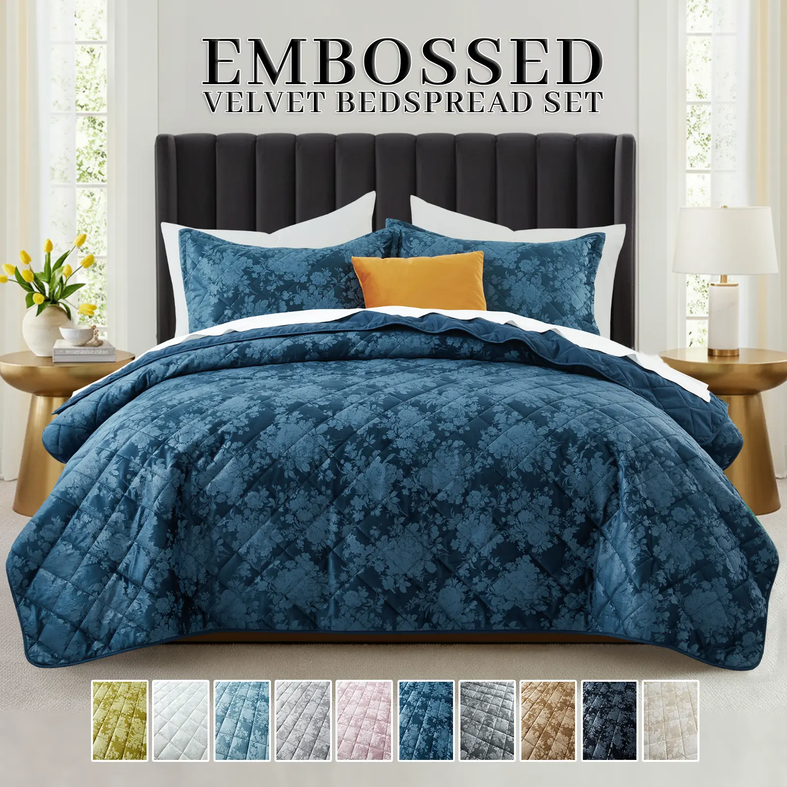 Aesthetic RQ Velvet Quilted Bedspread Set | Soft Ultrasonic Embossed Design | Elegant All-Season Coverlet | Twin (1 Pillow Sham), Queen & King (2 Pillow Shams)
