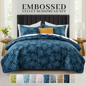 Aesthetic RQ Velvet Quilted Bedspread Set | Soft Ultrasonic Embossed Design | Elegant All-Season Coverlet | Twin (1 Pillow Sham), Queen & King (2 Pillow Shams)