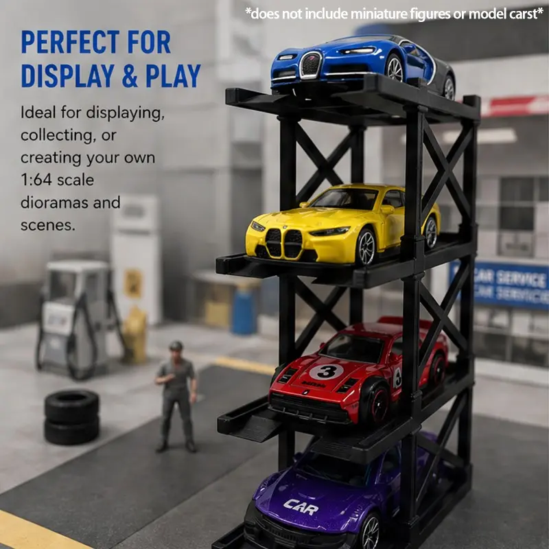 1:64 Scale Modular Parking Display Stand – Stackable 4-Tier Diorama Shelf for Miniature Model Cars, Space-Saving, Assemblable Display Container, Compact Storage Rack, Anti-Slip & Scratch-Free, Easy Assembly for Diecast Collection & Display
