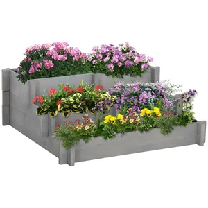 Outsunny Gray Fir Wood 3-Tier Raised Garden Bed - 5 Compartments, Bed Liner, Elevates Plants, Elevated Planter Box for Vegetables, Herbs, 37x37x14in