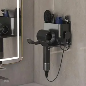 Multi-functional wall-mounted hair dryer storage rack, Hair Dryer Holder, with small grid shelves, suitable for bathrooms, no assembly required, shelves, Bathroom Organizers, Bathroom Accessories Organizer
