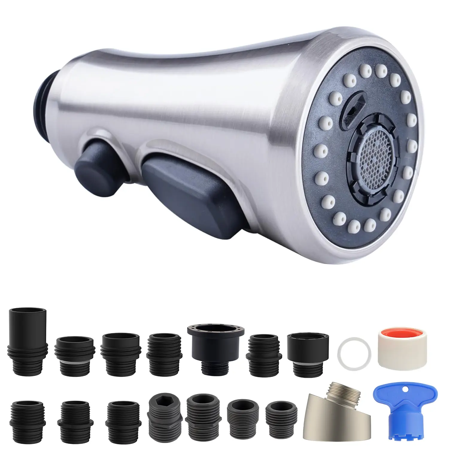 Hibbent Brushed Nickel Pull-Down Kitchen Faucet Sprayer Head Attachment with Faucet Aerator, NSF/ANSI/CAN 61 & CUPC Certified, 3-Function Nozzle, 15 Adapters, Anti-Splash Water-Saving Aerator Kitchen Tap Replacement for Moen, Delta, Kohler, Aerator Kitche