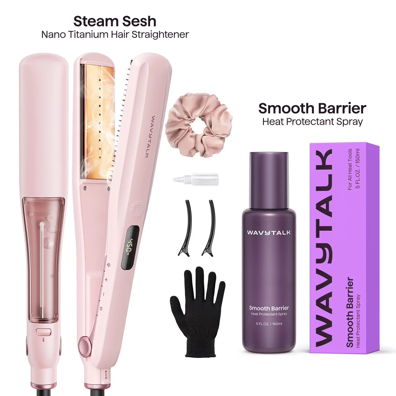 Wavytalk Steam Sesh Hair Straightener and Smooth Barrier Heat Protectant Spray Set Wavytalk Steam Sesh Hair Straightener and Smooth Barrier Heat Protectant Spray Set