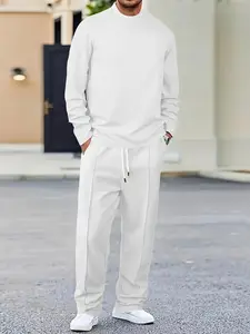 Men's 2-piece solid color waffle plaid casual suit top long sleeved round neck long sleeved pullover sweatshirt and solid color drawstring pants chic and comfortable casual suit suitable for men's daily casual wear, pretending to be spring and autumn men'