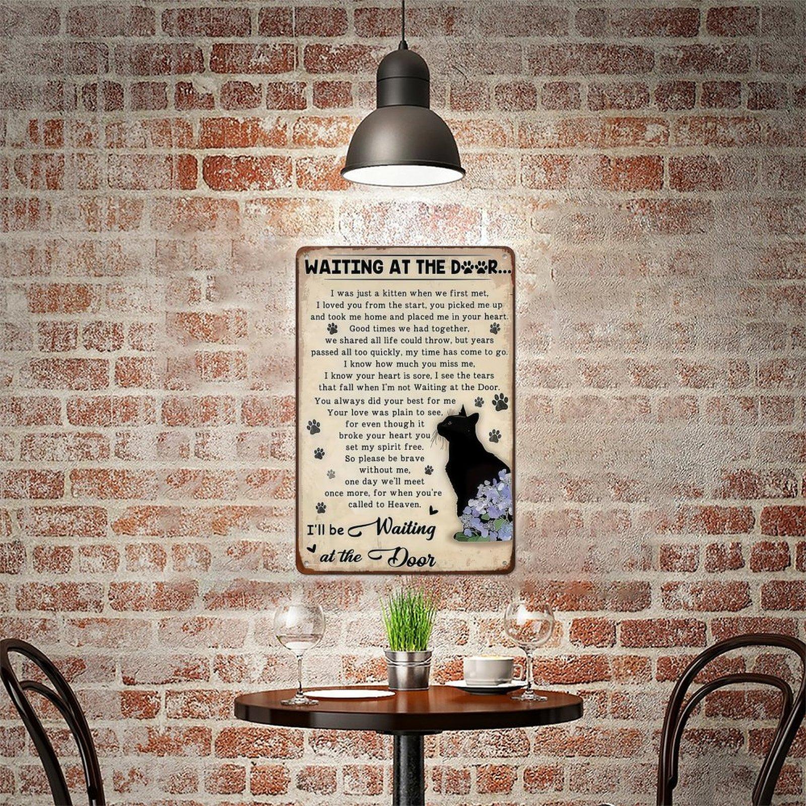 Waiting At The Door Cat Memorial Metal Sign, 8x12 Inch Vintage Black Cat Pet Loss Aluminum Tin Sign, Sympathy Poem Wall Art Decor with Pre-drilled Holes for Cat Lover Home Decor