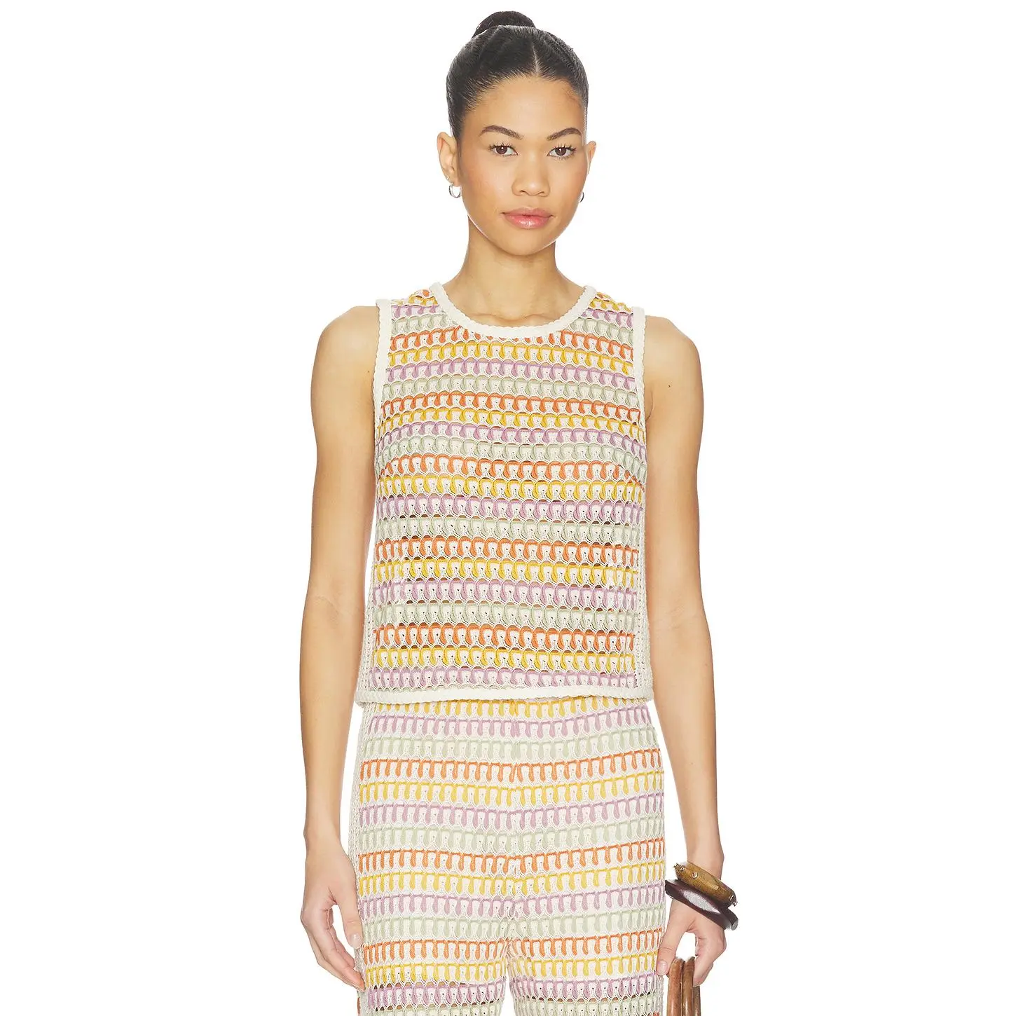 Central Park West Celine Rainbow Crochet Button Back Shell in Rainbow