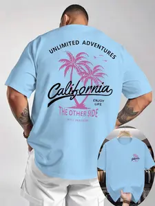 Men's Round Neck Letter Tropical Coconut Tree Print Short Sleeve T-Shirt, Casual Long Top for Summer Outdoor Activities, Versatile Fitted Tee, Streetwear