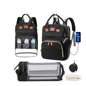Diaper Bag Backpack, Multifunction Diaper Bag Backpack with Changing Station, USB Charging Port & Foldable Crib, Large Capacity Travel Backpack w/Sunshade&Pacifier Case&Stroller Straps