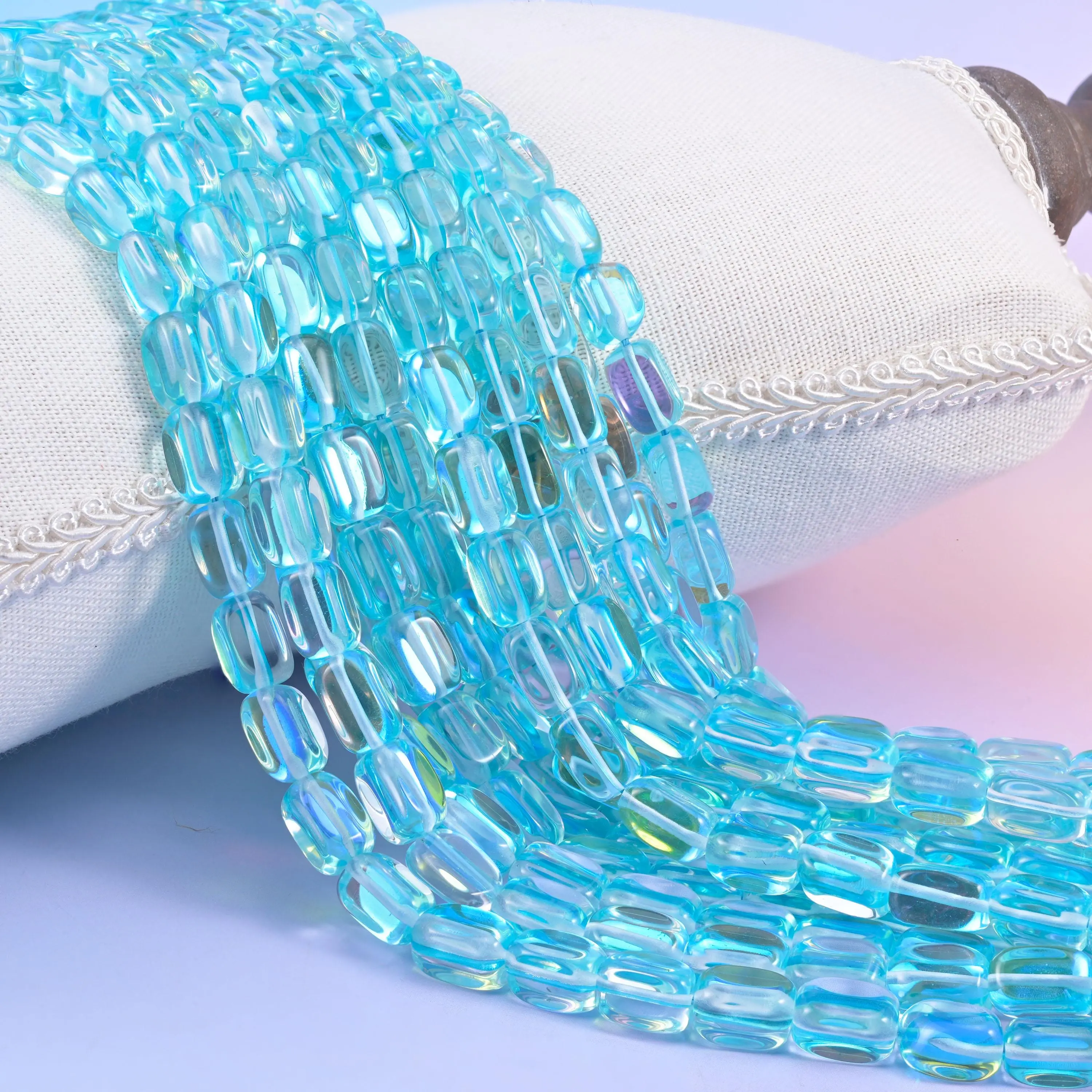 Light Blue Mystic Aura Rectangle Glass Beads, Iridescent Beading Supplies, 15-Inch Strand for DIY Jewelry Making