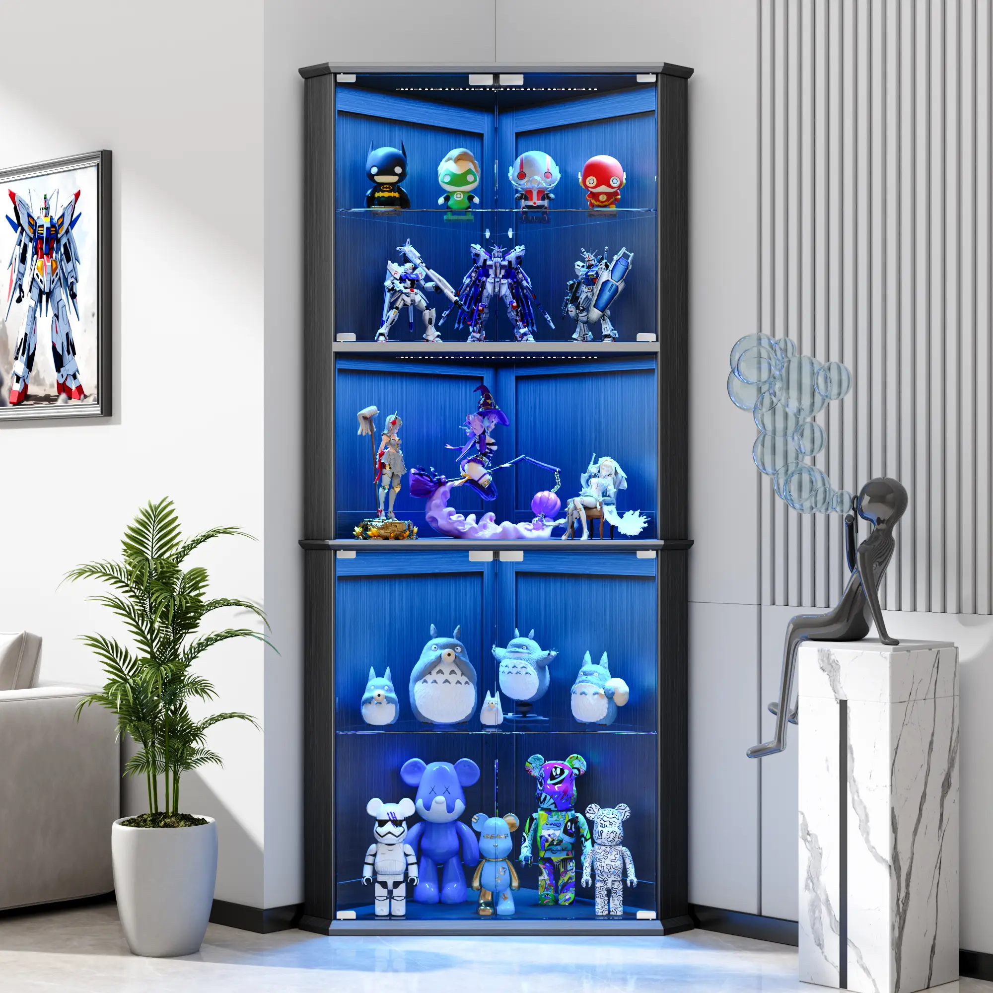 kepptory 71.8" Corner Display Cabinet with LED Lights, 6-Tier Tall Curio Cabinet with Adjustable Glass Shelves&Glass Door, Wine Cabinet for Living Room, Home Bar