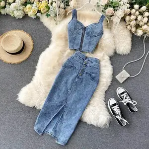 Women Jeans Vest+Skirts Sets Straps Tops Buttons Denim Skirt Suits for WomanGift