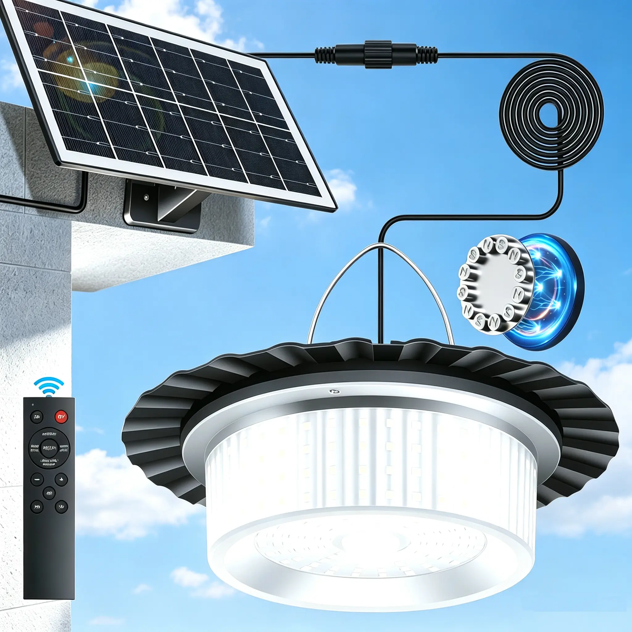 Summerwins Adjustable Solar Shed Pendant Light, Solar Outdoor Lights,Portable Outdoor 244-LED 360° Glow Waterproof Fixture with Remote Control & Auto Shut-Off, Solar Garden Lights for Barns, Backyards, Basements, Pool Lights