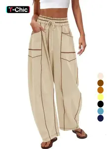 Women's Fashionable Loose Fit Drawstring Adjustable Waist Casual Wide Leg Pants, Comfortable Sweatpants Long Trousers