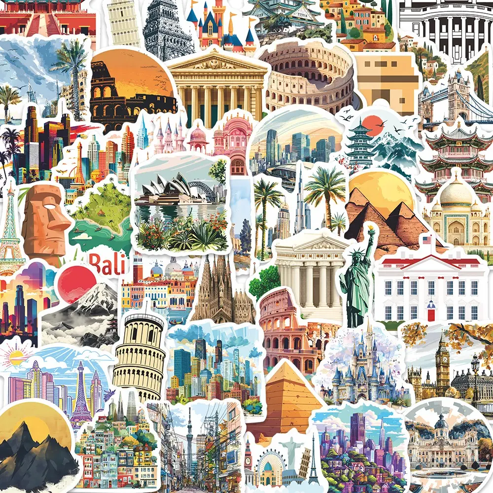 50pcs World Landmark Travel Stickers Pack, Waterproof Vintage Travel Famous World Architecture Decals for Laptop, Water Bottle, Journal & Scrapbook, Travel Lover Gift, Sticker Sheets, Sticker Packs, Sticker Set, Stickers for Scrapbooking
