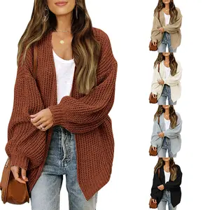 Women's Lantern Sleeve Chunky Knit Cardigan 2025 Autumn Winter Pocket Knit Sweater Women's Coat Women's Cable Knit Cardigan Knitwear Womenswear