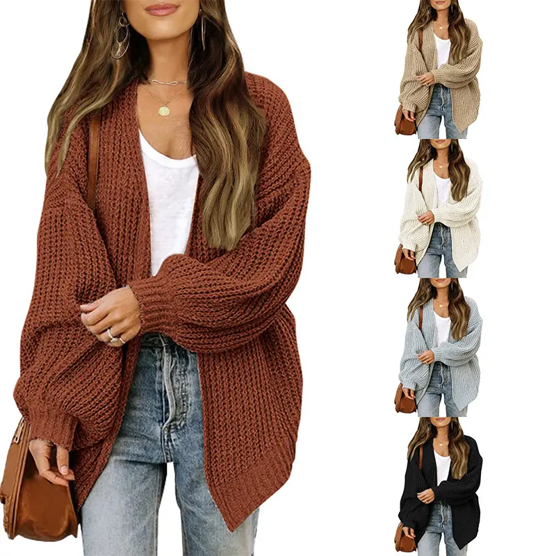 Women's Lantern Sleeve Chunky Knit Cardigan 2025 Autumn Winter Pocket Knit Sweater Women's Coat Women's Cable Knit Cardigan Knitwear Womenswear