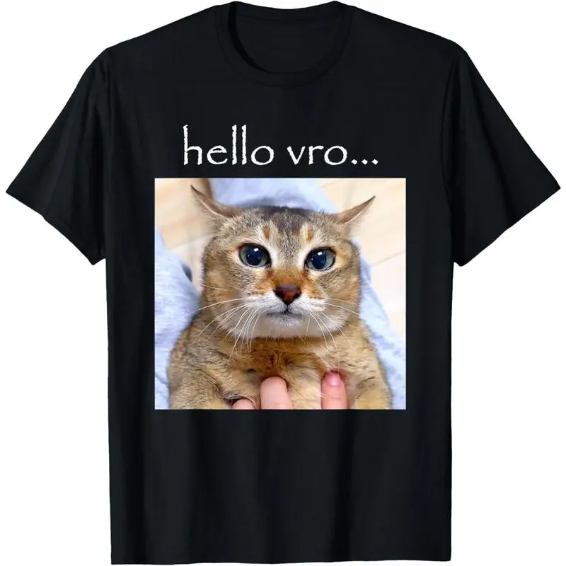 Men's "Hello Vro" Cat Graphic T-Shirt - Casual Soft Cotton Short-Sleeve Round-Neck Loose-Fit Streetwear Top, Tshirt