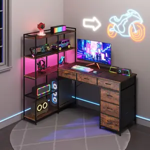 YJ-Garvee L Shaped Gaming Computer Desk with Storage Shelves, 6 Fabric Drawers, Corner Gaming Desk with Open Shelves, Home Office PC Table with Power Outlets & LED Lights, 58.3" l*54.3" h,Fiery Clouds