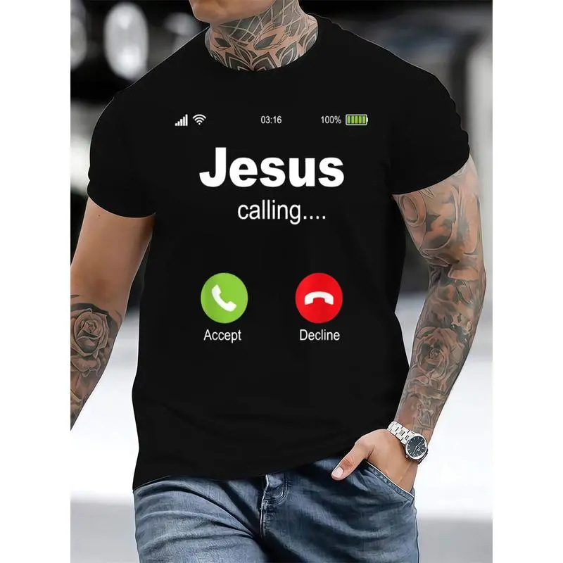 Men's "Jesus Calling" Christian Graphic T-Shirt - 100% Soft Breathable Cotton Menswear, Casual Short Sleeve Round Neck Religious Streetwear Sportswear Top