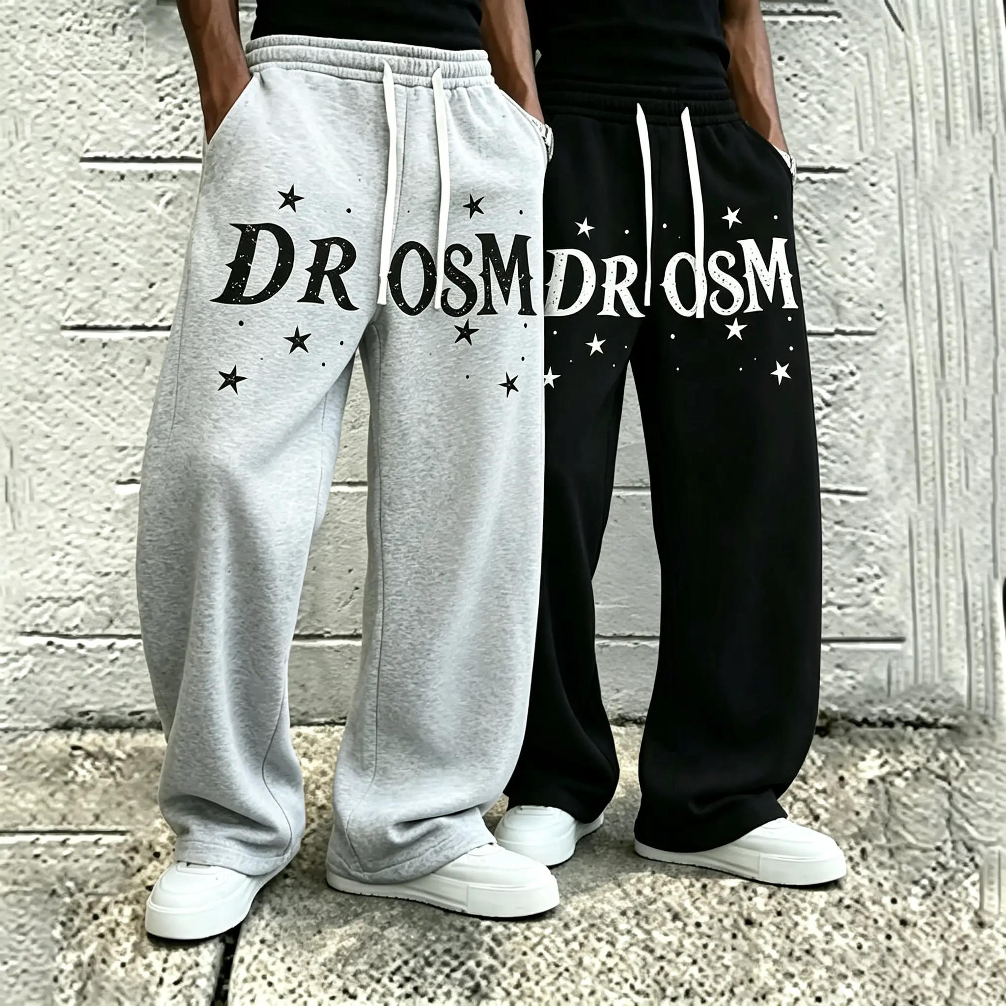 Men's Stylish Star Letter Print Oversized Sweatpants - Elastic Drawstring Waist, Wide Leg, Loose Baggy Polyester Pants - Breathable Casual Streetwear for Hip Hop Daily Wear, Menswear