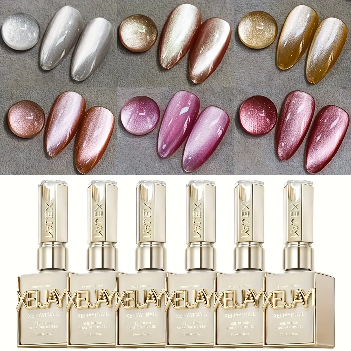 XEIJAYI Frame Bottle Ice Sugar Cat Eye Gel — 6-Color Set (Super Bright Series): Magnetic gel cat eye set; versatile polarizing cat eye for salon art design; dazzling, long-lasting shine with a wide range of colors that are firmly adhered; suitable for DIY