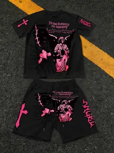 Men's Casual Patterned T-Shirt and Drawstring Waist Shorts Set, Cross Creative Print, Soft Loose Breathable, Perfect for Leisure Sports, Menswear