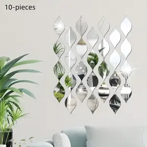 Set of 10 Leaf-Shaped Mirror Wall Stickers, 15 x 8 cm, 1 mm Thick Plastic Home Decor, Decorative Stylish PS Mirrors for Modern Interiors, Golden Wall Decoration