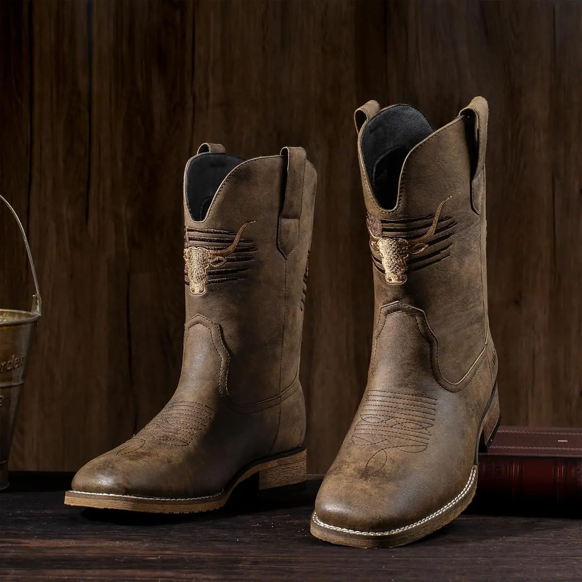 Winbird Men's Cowboy Footwear, Square Toe Western Pull-On Boots with Classic Patriot Accents, Vegan/Genuine Leather, Chunky Cuban Heel, Slip-Resistant Country Wear for Spring Fall