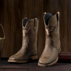 Winbird Cowboy Boots For Men Square Toe Western Men's Boots Vegan/Genuine Leather with Classic Patriot Pull On Boot, Slip Resistant Country Boots Chunky Heel Short Boots for Spring Fall