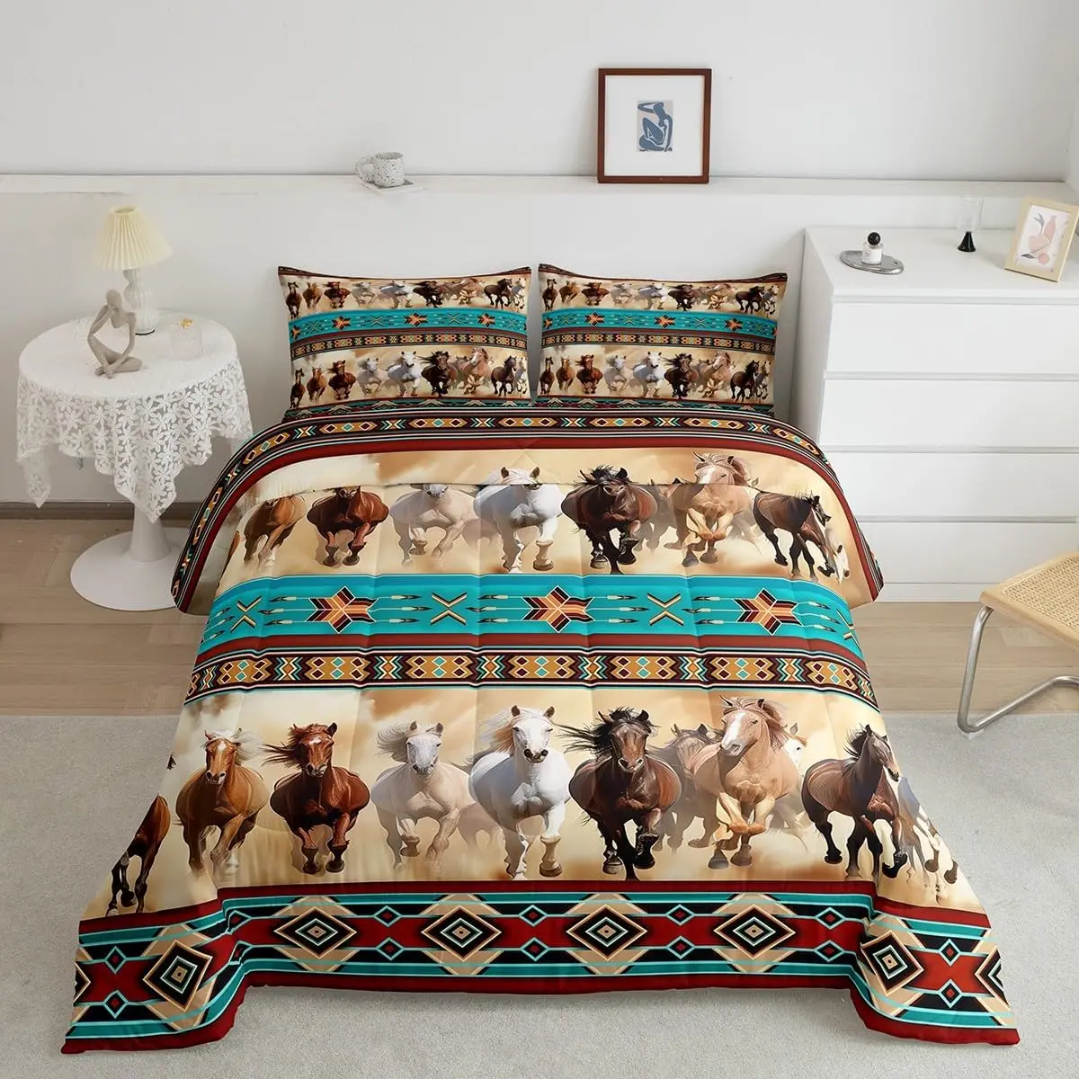 Feelyou Queen Comforter Set - Decorative Bohemian Horse-Print Bedding, Soft Multi-Size Whole Piece Travel-Friendly Duvet Insert with Native Aztec African Tribal Boho Western Rustic Farmhouse Style, Decorative Bedding Set, Bedding Sets