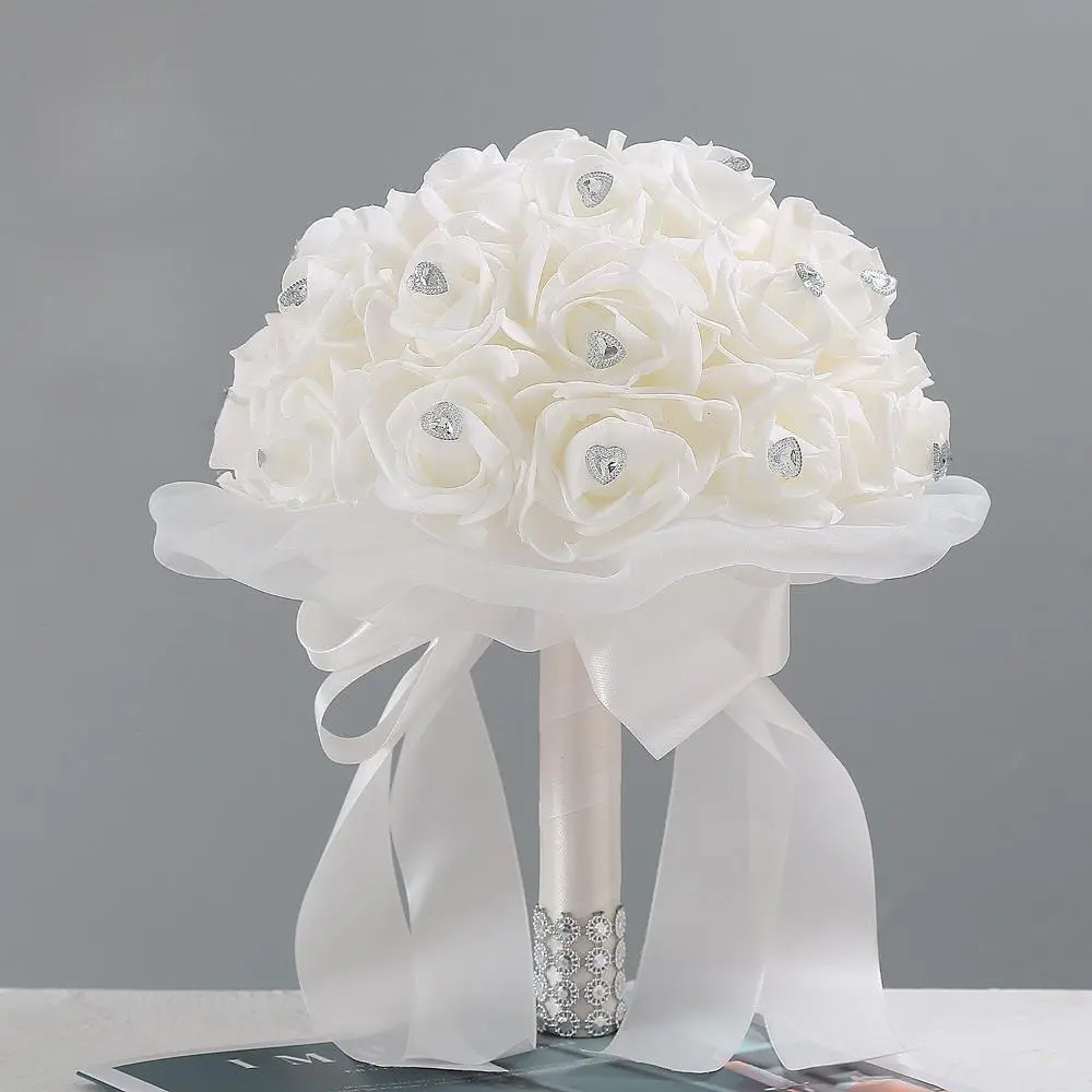 White Crystal Artificial Roses Bouquet - Decorative Handheld Bridesmaid Bouquet, Eternal Flower Arrangement for Wedding, Home Decor