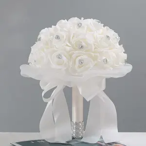 Wedding Bouquets Flower Bridal Bridesmaid Crystal Artificial Rose Flowers for Bride Party and Church