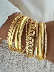 10-piece Boho Women's Fashionable Bangle Bracelet Set, Alloy Chain Casual Trendy Jewelry Accessories, Perfect Party Gift for All Seasons