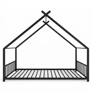 Twin Size Metal House Bed Frame with Safety Side Rails, Black Montessori Floor Bed, No Box Spring Needed Platform Bed