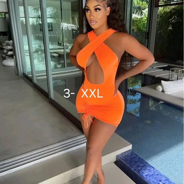 Crisscross Scrunch Mini Dress - Neon Orange,