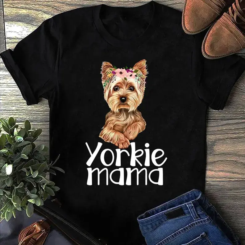 Yorkie Mama Graphic T‑Shirt, Flower Crown Yorkshire Terrier Dog Lover Black Women Tee