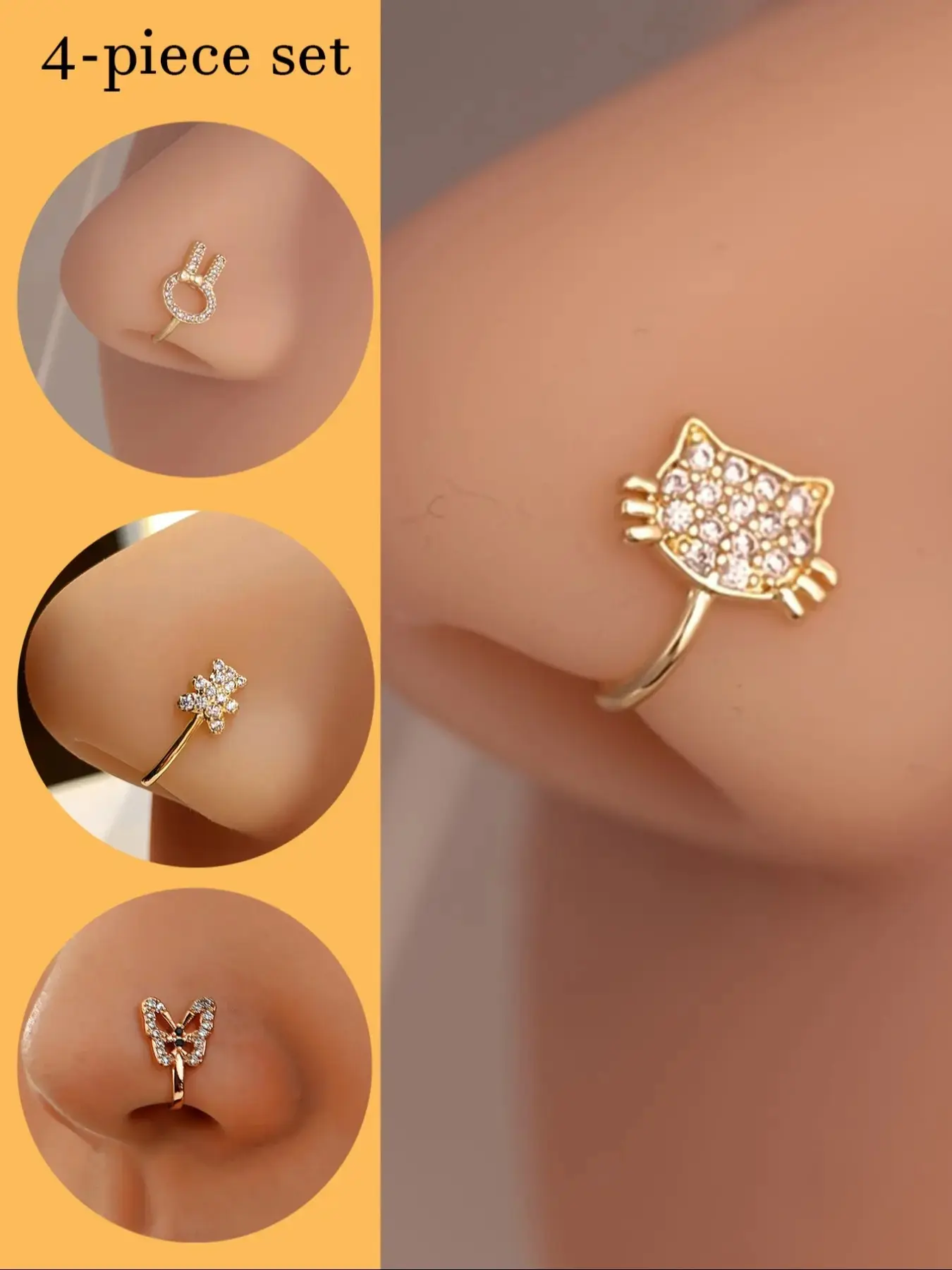 4 Piece Bohemian Retro Nose Clip Set, Non-Piercing Synthetic Zircon Flower and Heart Designs, Perfect for Daily and Party Wear, Nose Ring Jewelry, Body Jewelry