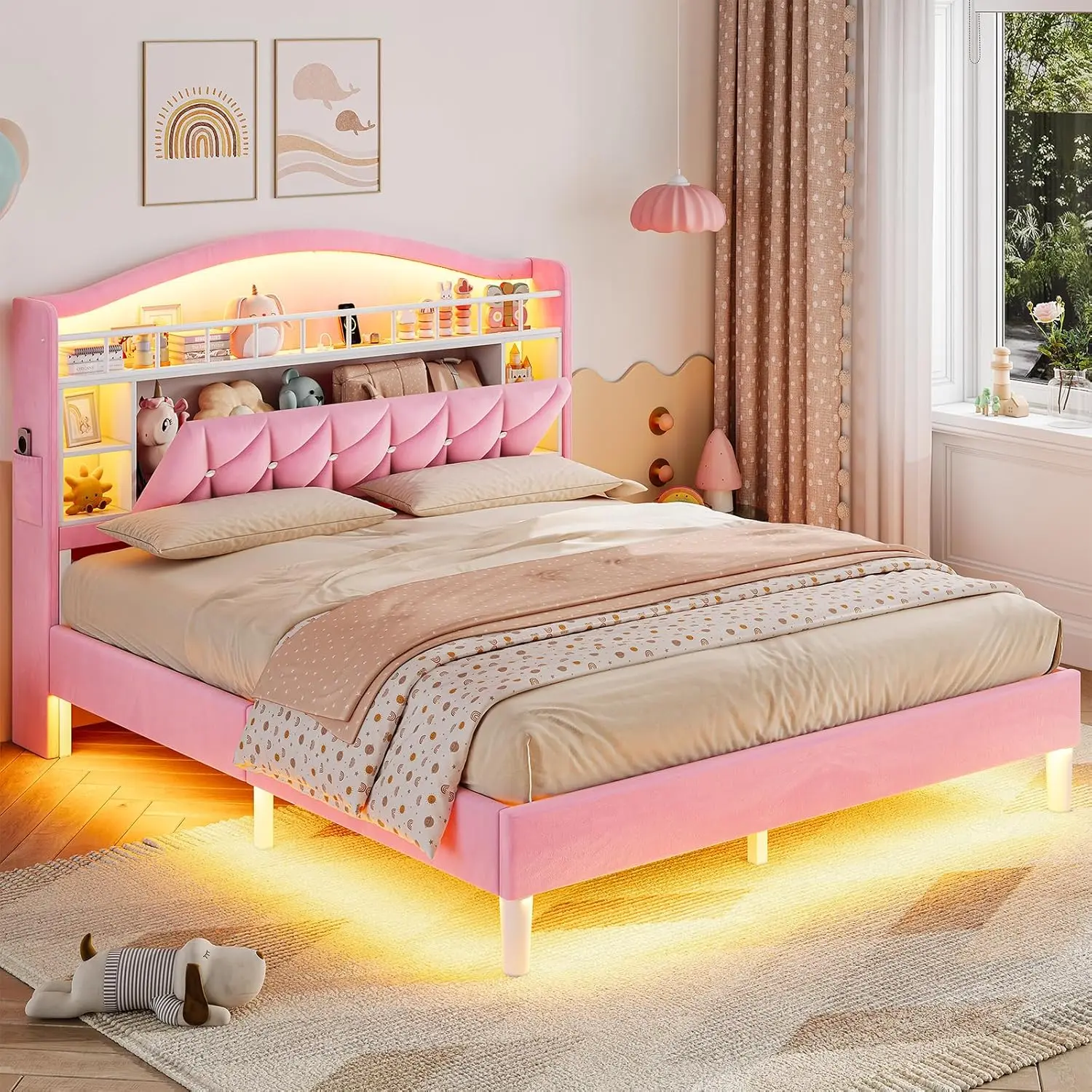 ADORNEVE Full Size Bed Frame - Princess Velvet Upholstered Platform Bed for Girls, with LED Lights, Charging Station Headboard, Guardrail and Crystal Buttons, No Box Spring Needed, Full Size Bed Frames