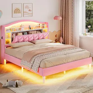 ADORNEVE Queen Size Bed Frame - Princess Velvet Upholstered Platform Bed for Girls, with LED Lights, Charging Station-Equipped Headboard, Guardrail and Crystal Buttons, No Box Spring Needed