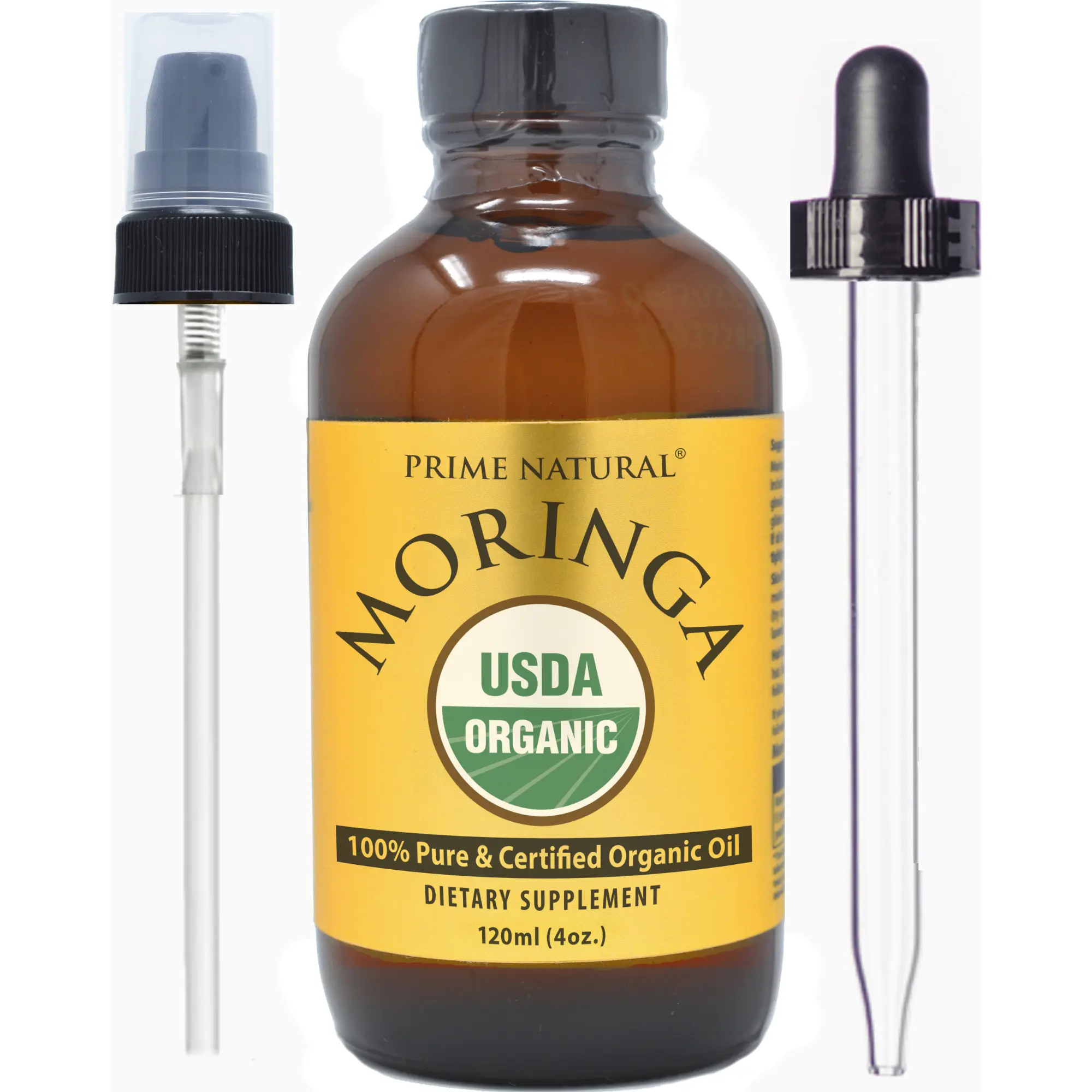 PRIME NATURAL Organic Moringa Oil USDA Certified, 100% Pure, Cold Pressed, Virgin, Unrefined Oil (4oz /120ml) - Moringa Dietary Supplement - Energy, Joints, Skin, Face, Body, Hair, Vegan, Food Grade