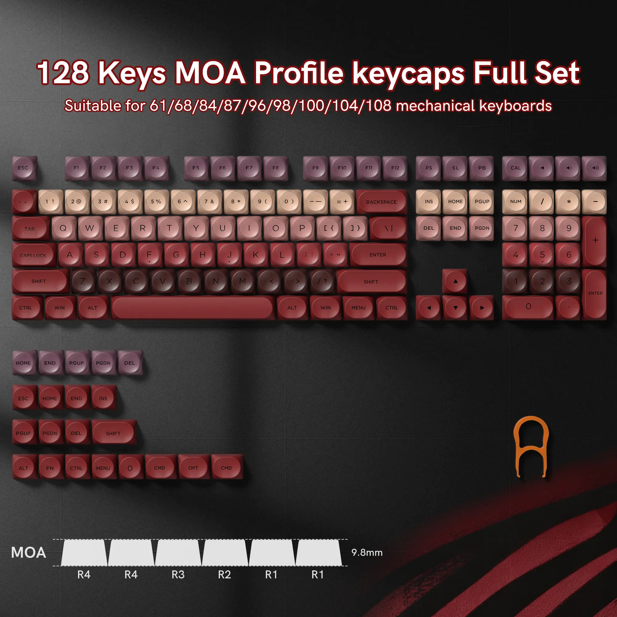 Womier PBT Colored Key Caps - Red Jelly Berry Kiss Theme, MOA Profile, 128 Keys, Elegant and Cute Stylish Solution with Durability, Customizing 61/68/84/87/98/100 Cherry Gateron MX Mechanical Keyboards